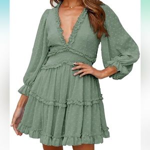 Green deep V-neck, open back dress